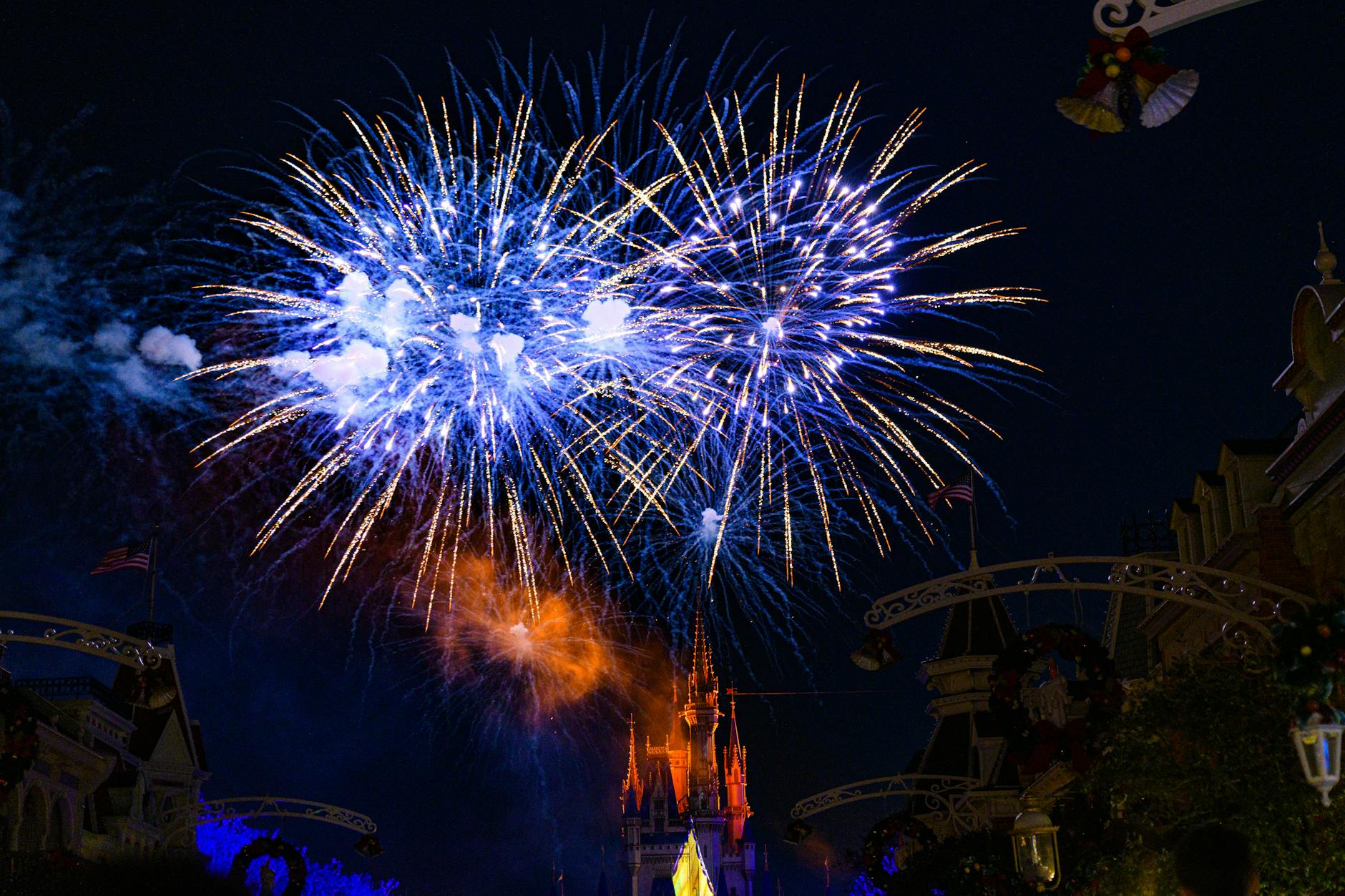 Disney World fireworks spectacular lighting up the night sky over the castle - staying until park close rewards you with shorter lines