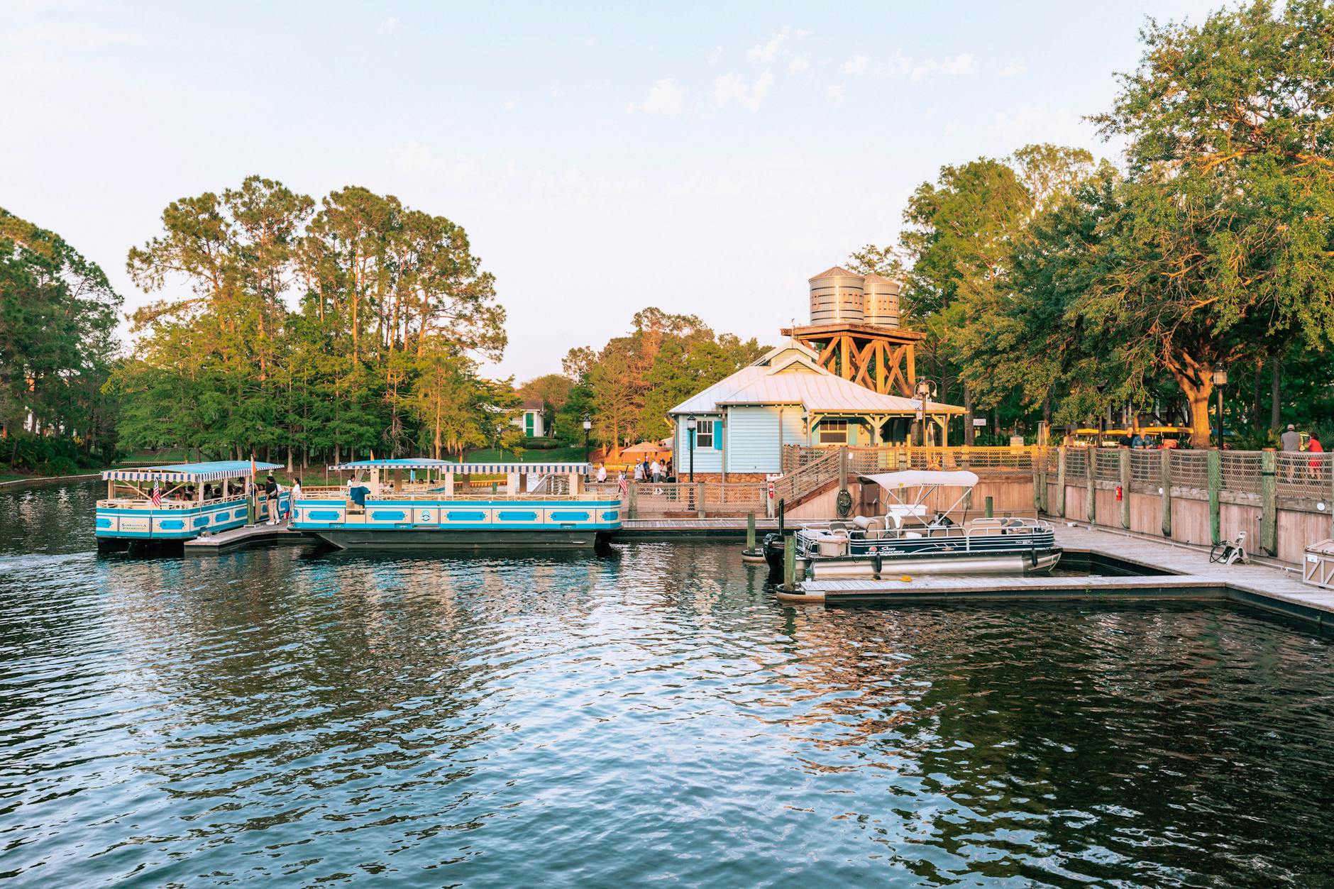 Disney springs evening waterfront lights