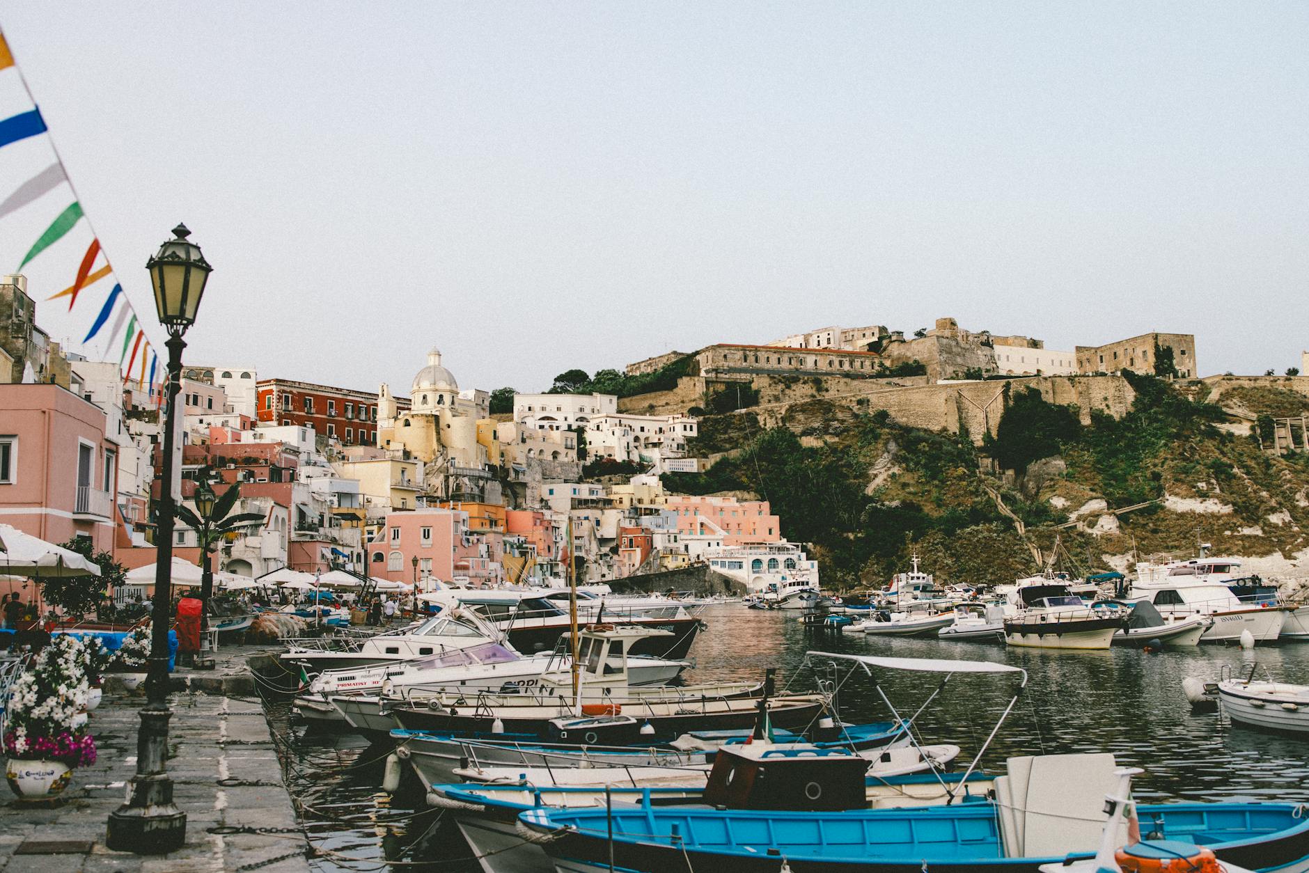 Italian mediterranean architecture pastel buildings harbor