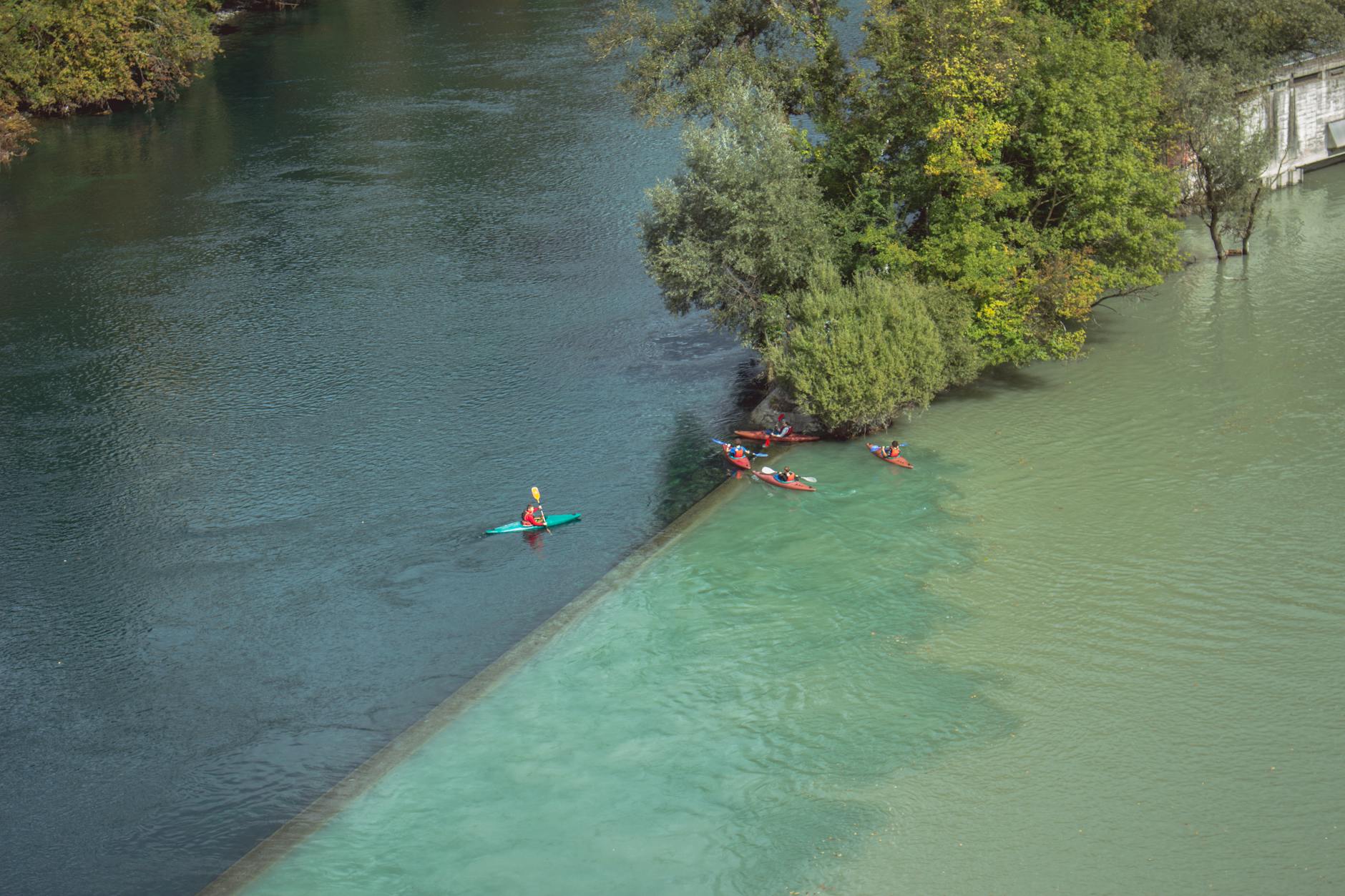Kayaker paddling a clear kayak on a cypress-lined Florida river surrounded by nature