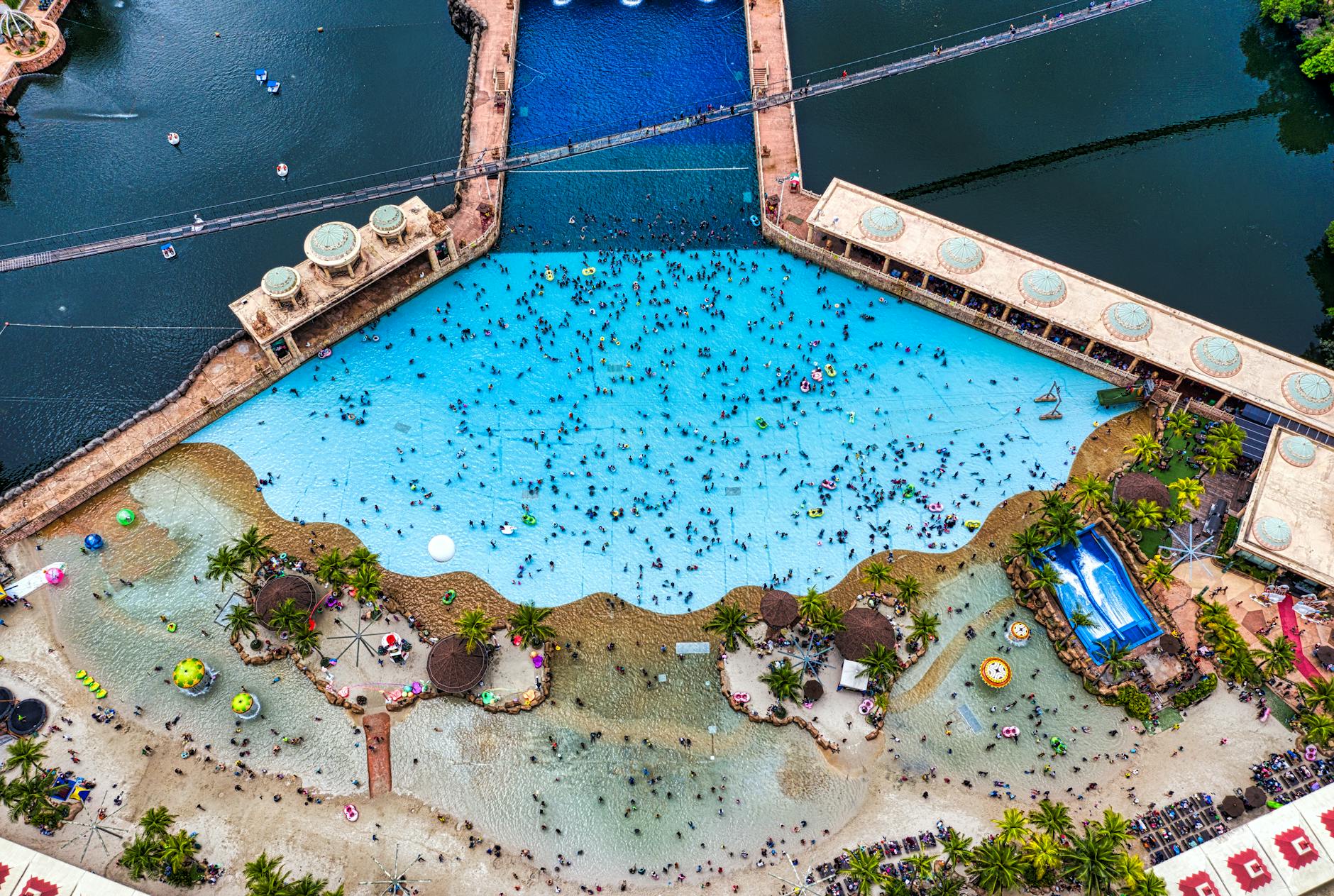 The Waturi Beach wave pool at the foot of the volcano at Universal Volcano Bay