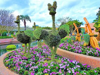 Fantasia ostrich topiaries surrounded by purple flower beds at the EPCOT Flower and Garden Festival