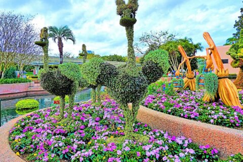 Fantasia ostrich topiaries surrounded by purple flower beds at the EPCOT Flower and Garden Festival