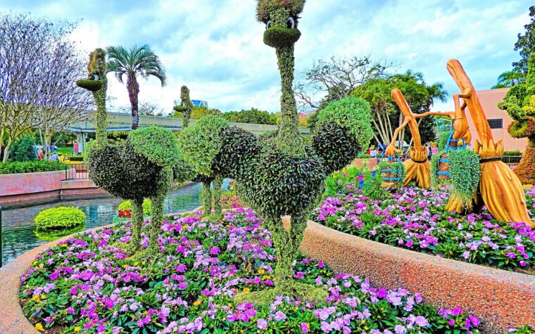 Fantasia ostrich topiaries surrounded by purple flower beds at the EPCOT Flower and Garden Festival
