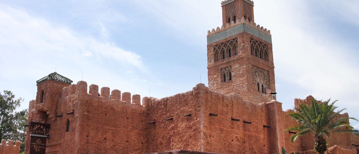 The minaret and walls of the Morocco pavilion at EPCOT World Showcase