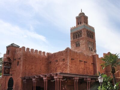 The minaret and walls of the Morocco pavilion at EPCOT World Showcase