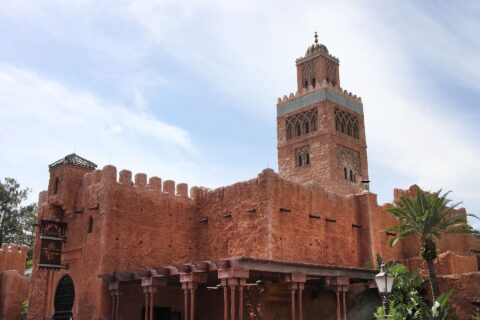 The minaret and walls of the Morocco pavilion at EPCOT World Showcase