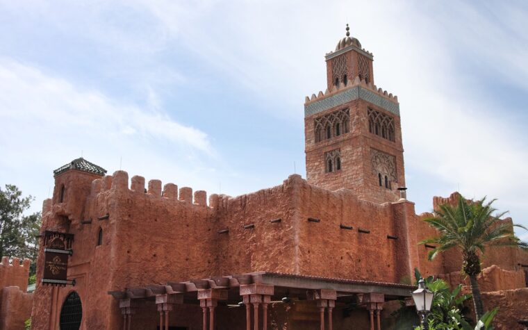 The minaret and walls of the Morocco pavilion at EPCOT World Showcase