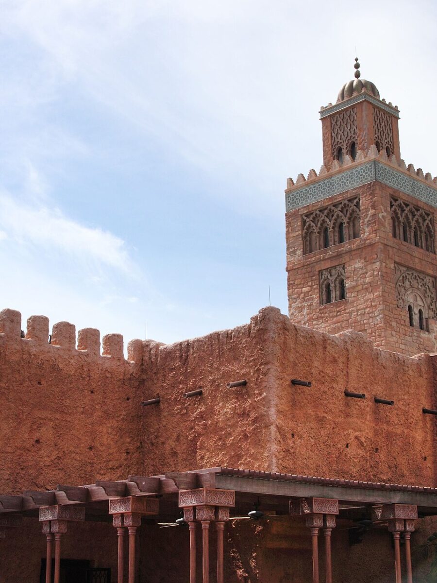 The minaret and walls of the Morocco pavilion at EPCOT World Showcase