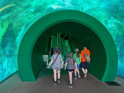 Visitors walking through the green warp-pipe portal tunnel into Super Nintendo World at Epic Universe, with starry projections overhead
