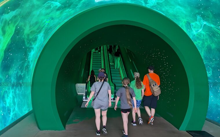 Visitors walking through the green warp-pipe portal tunnel into Super Nintendo World at Epic Universe, with starry projections overhead