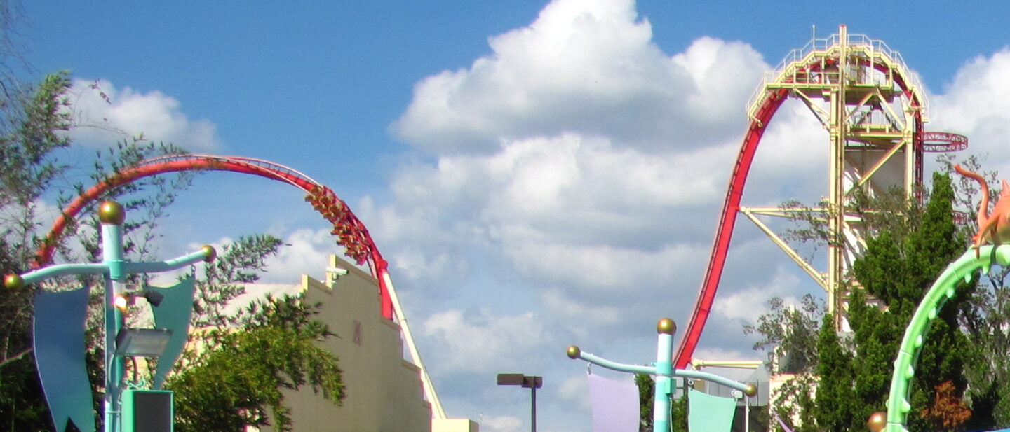 The red track and vertical lift hill of Hollywood Rip Ride Rockit at Universal Studios Florida