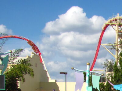 The red track and vertical lift hill of Hollywood Rip Ride Rockit at Universal Studios Florida