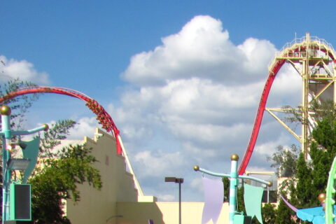 The red track and vertical lift hill of Hollywood Rip Ride Rockit at Universal Studios Florida