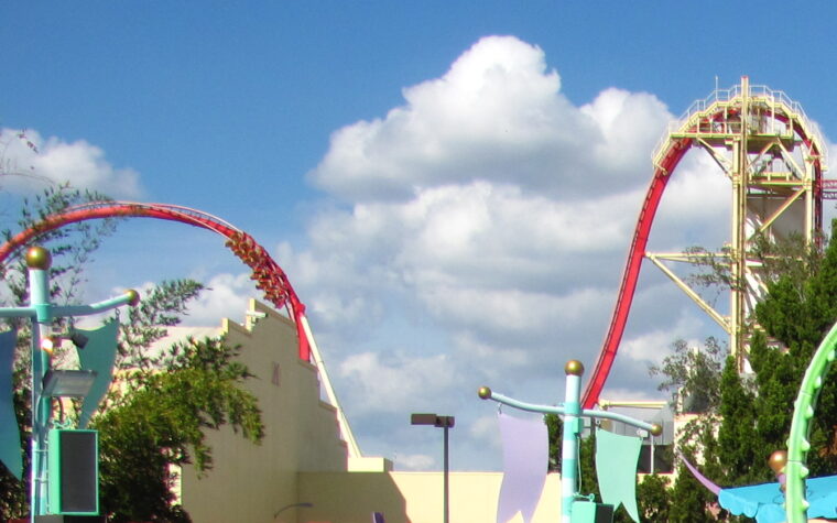 The red track and vertical lift hill of Hollywood Rip Ride Rockit at Universal Studios Florida