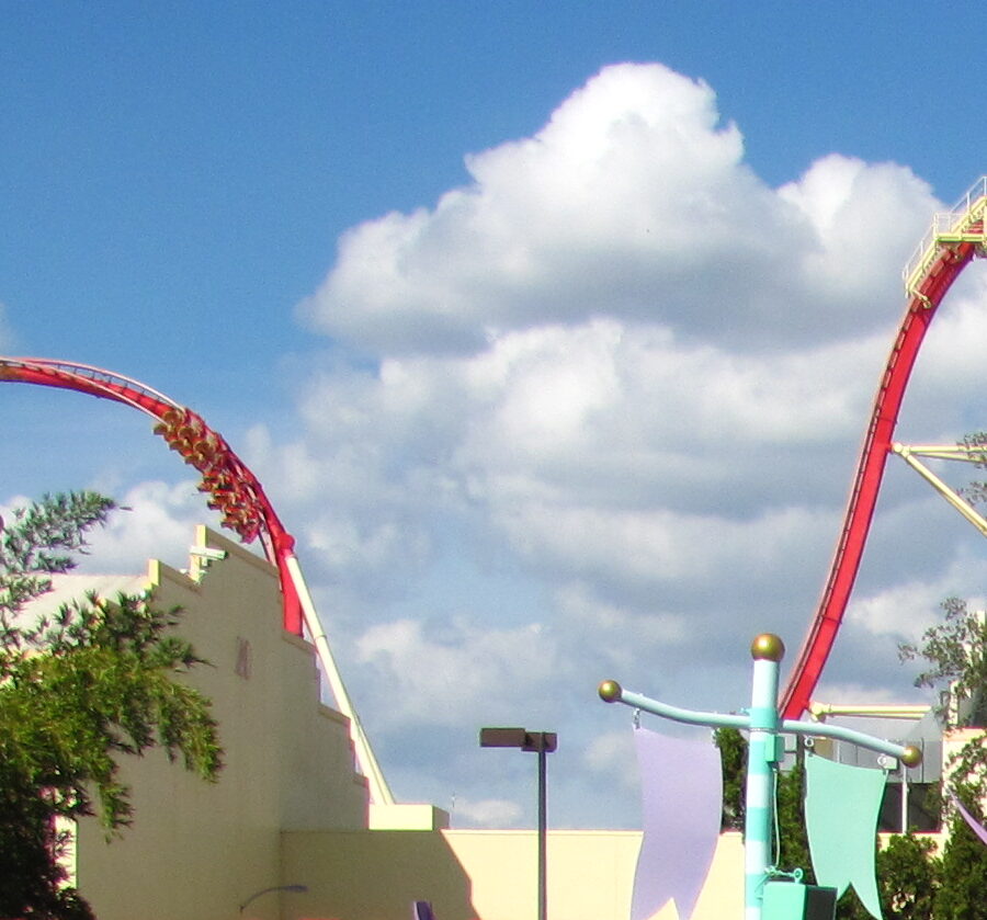 The red track and vertical lift hill of Hollywood Rip Ride Rockit at Universal Studios Florida