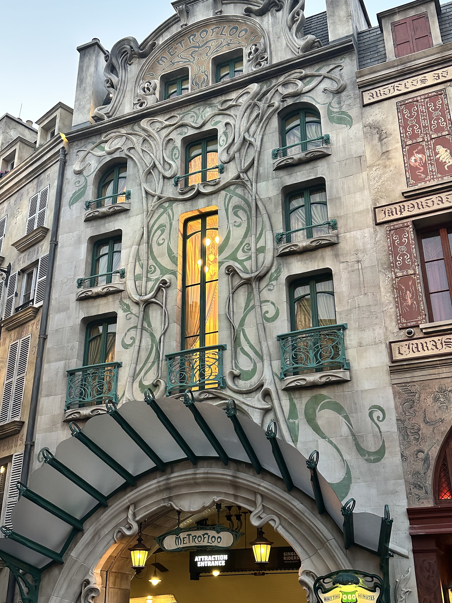 The Art Nouveau facade of the Métro-Floo building in Place Cachée, the entrance to Harry Potter and the Battle at the Ministry