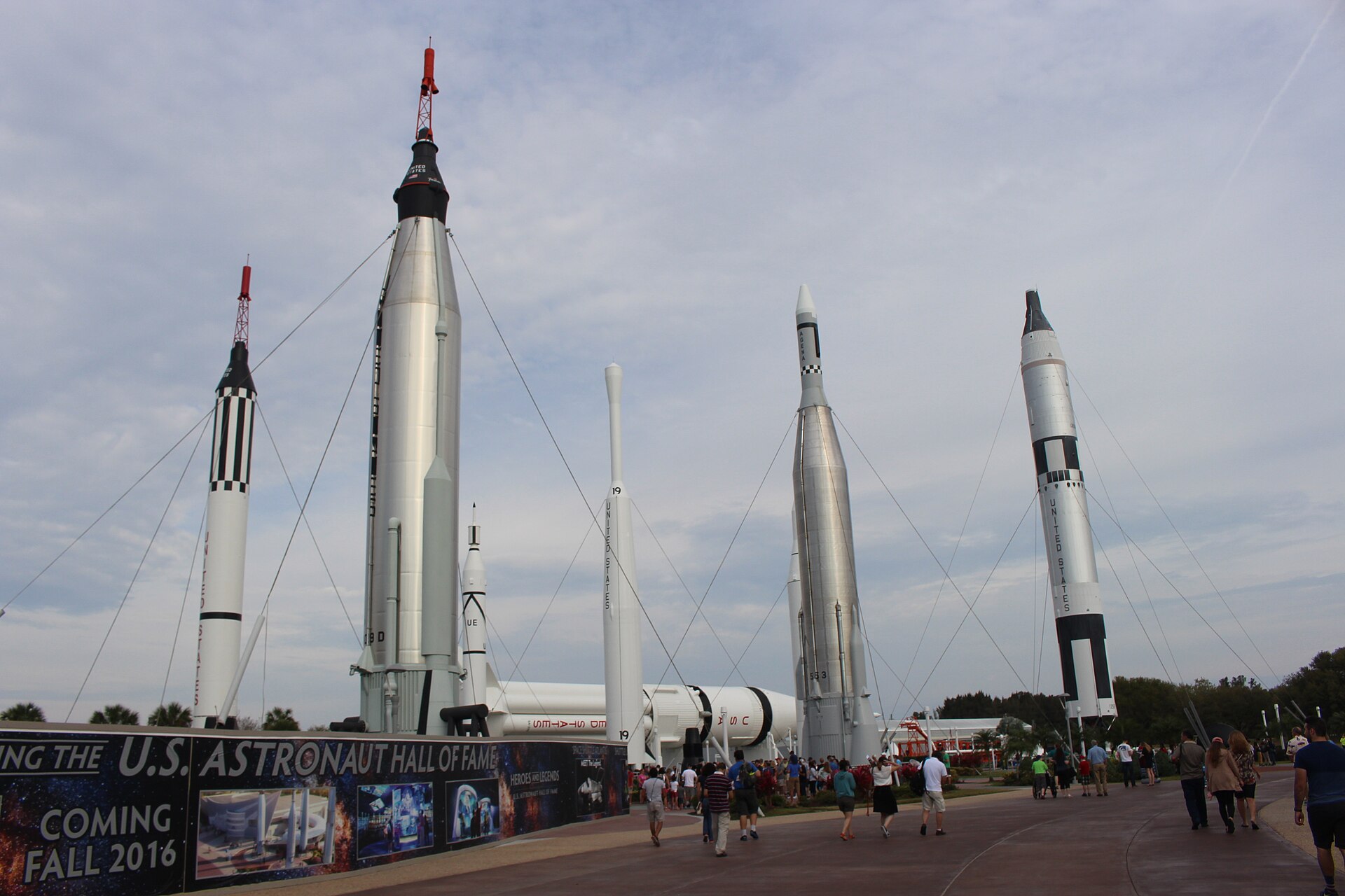 Mercury, Gemini and other historic rockets standing in the Rocket Garden at Kennedy Space Center Visitor Complex under a grey sky